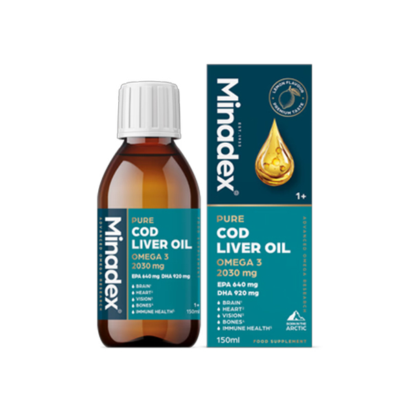 Minadex-Pure-Cod-Liver-Oil,-Omega-3---2030mg,-Lemon-Flavour Minadex Pure Cod Liver Oil, Omega 3 - 2030mg, Lemon Flavour - Figura 1