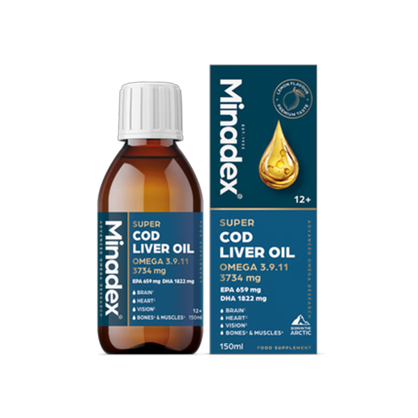Minadex-Super-Cod-Liver-Oil,-Omega-3-9-11-3734mg-Lemon-Flavour-150ml Minadex Super Cod Liver Oil, Omega 3-9-11 3734mg Lemon Flavour 150ml - Figura 1